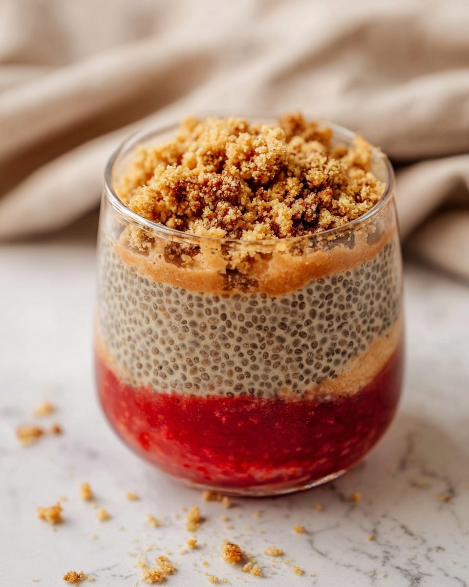 A clear glass holds a three-layered dessert sitting on a white marbled surface. The bottom layer is a bright red fruit puree or jam, smooth and glossy. The middle layer is thick chia seed pudding with a creamy beige color speckled evenly with black chia seeds, filling most of the glass. The top layer is sprinkled with a chunky golden brown crumble, contrasting in texture and color with the smooth layers beneath. A soft beige cloth is blurred in the background, and some crumbs are scattered around the glass. photo taken with an iphone --ar 4:5 --v 7