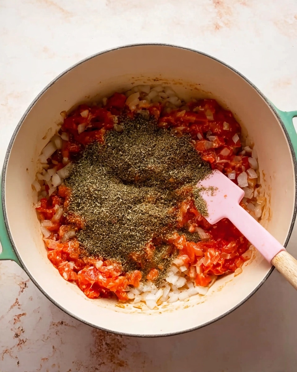 Inside a white large pot, finely chopped onions and tomatoes cook, showing a mix of soft, small red and white pieces spread evenly around the bottom layer. Over the vegetables, a thick layer of dark green dried herbs or spices is being stirred by a pink spatula positioned on the right side. The pot sits on a surface with a white marbled texture, and the view is from above showing all the ingredients clearly. photo taken with an iphone --ar 4:5 --v 7