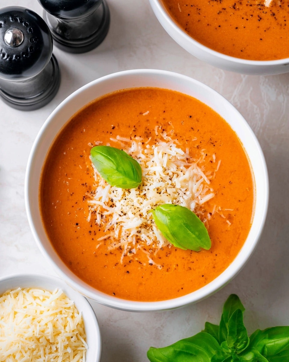 A white bowl filled with smooth orange tomato soup topped with a layer of shredded cheese in the center, sprinkled with a bit of black pepper, and two fresh green basil leaves placed on top. The bowl is set on a white marbled surface. Nearby, there is a small white bowl filled with more shredded cheese and two black and gray salt and pepper shakers. Fresh green basil leaves are visible in the corner. Photo taken with an iphone --ar 4:5 --v 7