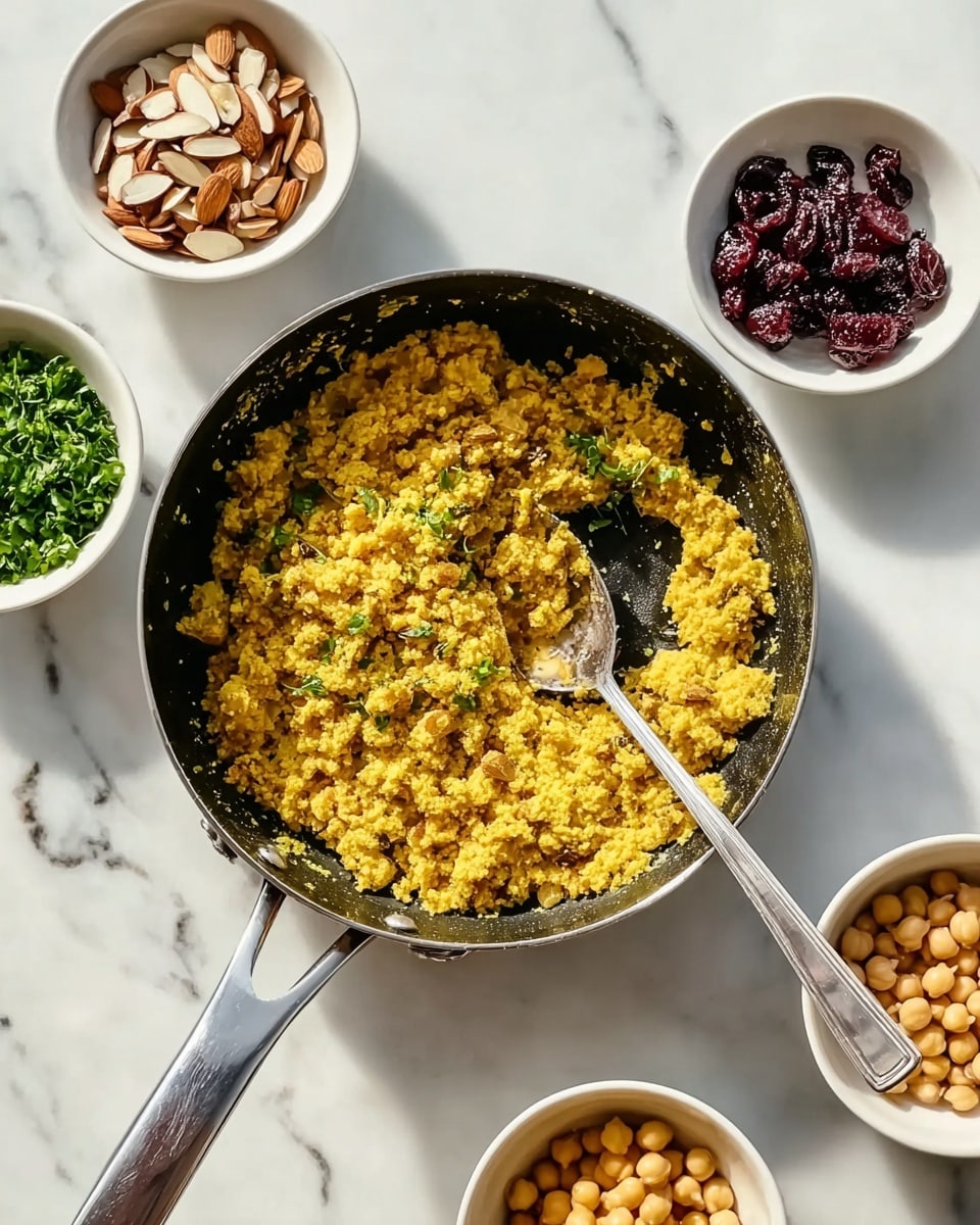 A black pan with a silver handle sits on a white marbled surface, filled with a yellow, crumbly textured dish with a spoon inside it. Surrounding the pan are four small white bowls: one with green chopped herbs at the top, one with light brown sliced almonds on the left, one with dark dried berries on the right, and one with yellow chickpeas at the bottom. The scene is bright with natural light. photo taken with an iphone --ar 4:5 --v 7