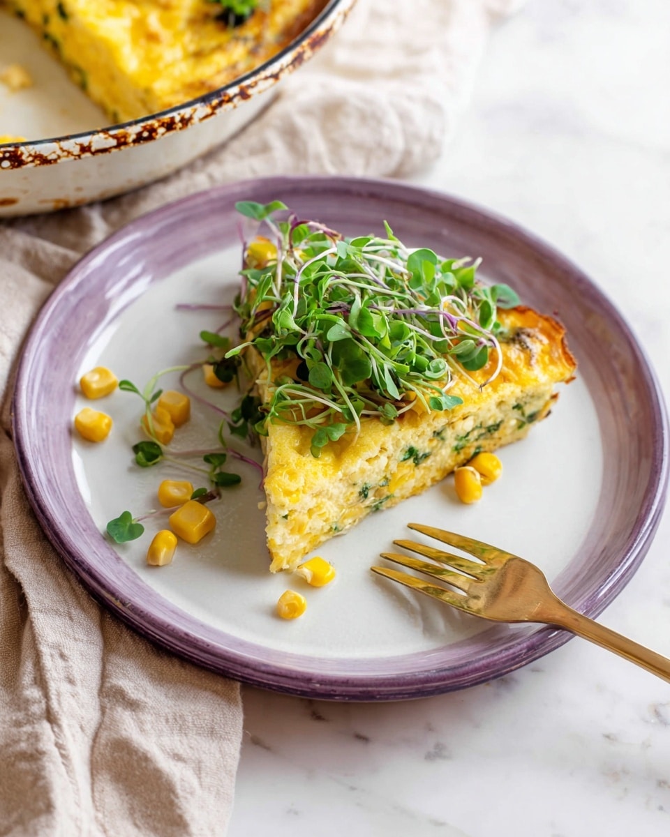 A slice of golden yellow frittata sits on a white plate with a purple rim, showing a smooth and slightly browned texture on top. The frittata has three layers: a thick, soft yellow egg base with bits of greens and corn kernels inside, a middle layer of cooked corn pieces scattered around, and a fresh topping of bright green microgreens mixed with corn kernels. A gold fork rests on the plate near the frittata slice. Part of the frittata casserole is visible in a white pan with a worn brown rim, placed on a light beige cloth. All is set on a white marbled surface. Photo taken with an iphone --ar 4:5 --v 7