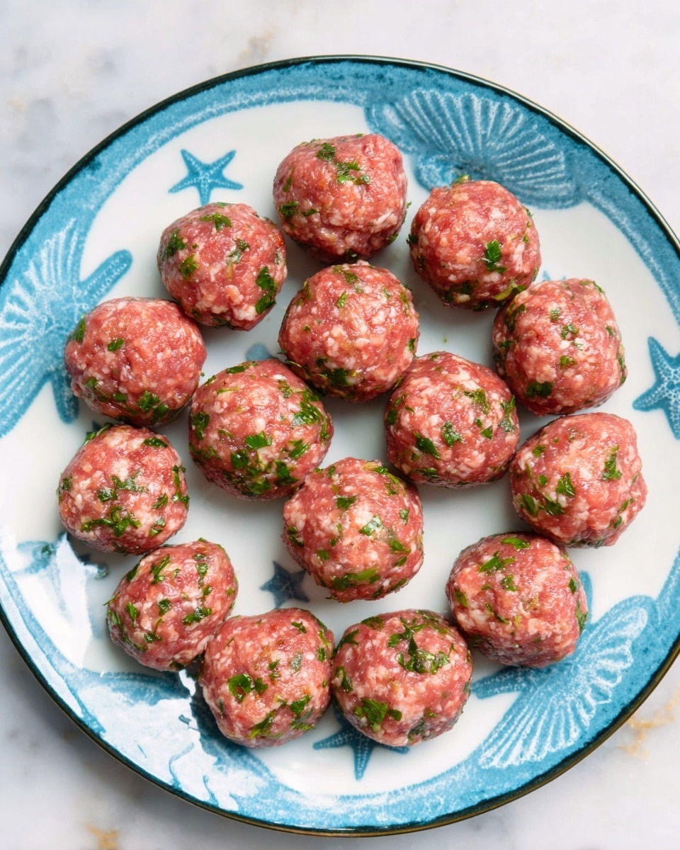 The image shows a white plate with light blue details around the edge, shaped with starfish and shell patterns, arranged on a white marbled surface. On the plate, there are sixteen raw meatballs formed into a circle. Each meatball is round with a rough texture, pinkish-red in color mixed with green herb pieces that look like parsley scattered throughout. The meatballs have a moist appearance with small white bits visible inside them. The photo taken with an iphone --ar 4:5 --v 7