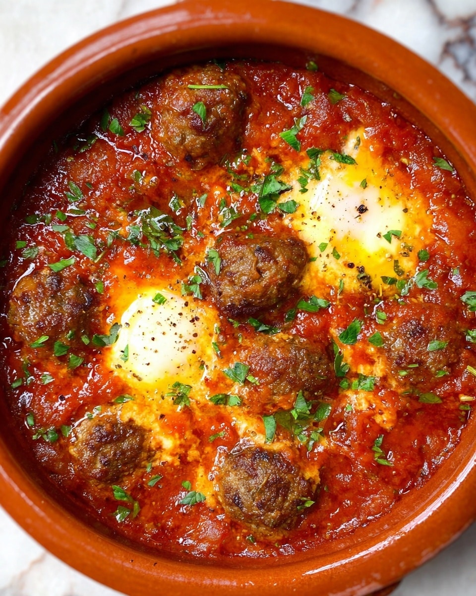 A round terracotta bowl filled with a thick red sauce that has a shiny, oily surface, scattered with small green herb pieces. Within the sauce, there are many round brown meatballs with a coarse texture, partially covered by the sauce. Three white egg yolks are nestled in the sauce, slightly cooked with some black pepper sprinkled on top and small green herb bits around them. The bowl sits on a white marbled surface. photo taken with an iphone --ar 4:5 --v 7