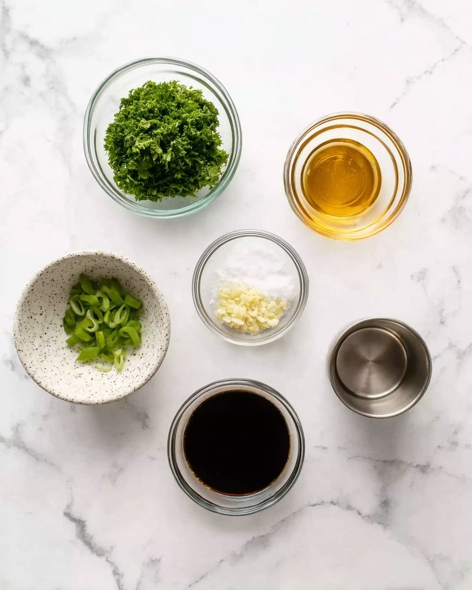 The image shows six small glass and ceramic bowls arranged on a white marbled surface. The top left bowl contains bright green chopped parsley, next to it a glass bowl filled with finely minced pale yellow garlic. To the right is another glass bowl with golden liquid, likely oil or vinegar. Below the parsley is a speckled white ceramic bowl with dark green sliced scallions. In the center sits a glass bowl holding white salt, and to the right of it is a small glass bowl filled with dark brown soy sauce. A small empty metallic cup is placed at the bottom right. The arrangement is neat and the lighting is bright and even, emphasizing the colors and textures of each ingredient photo taken with an iphone --ar 4:5 --v 7