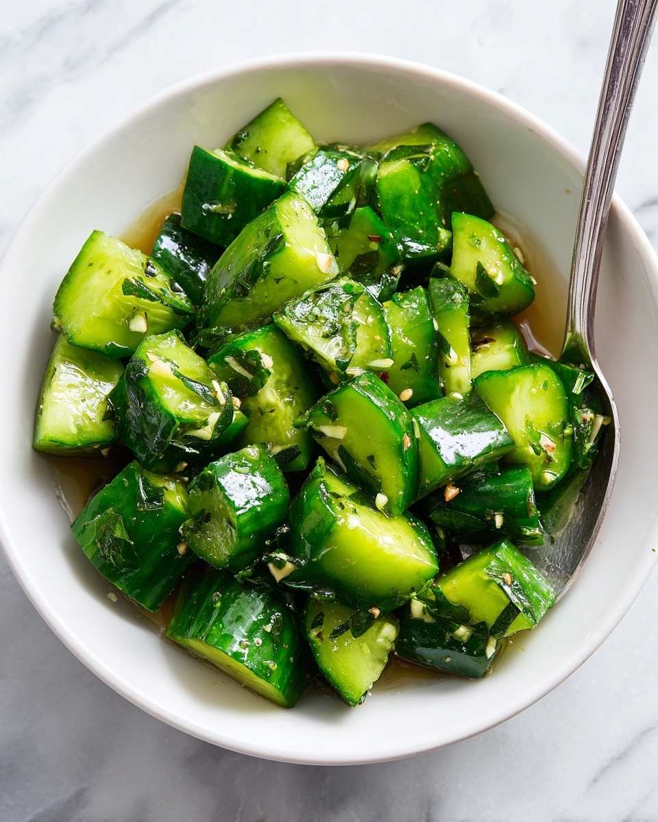 A bowl filled with chunky pieces of bright green cucumbers, slightly smashed and mixed with small bits of fresh chopped herbs scattered on top; the cucumbers have a moist texture showing a bit of juice, and the bowl is a simple, rustic beige ceramic set on a white marbled surface with some extra herbs sprinkled around. A silver spoon rests inside the bowl on the right side. Photo taken with an iphone --ar 4:5 --v 7