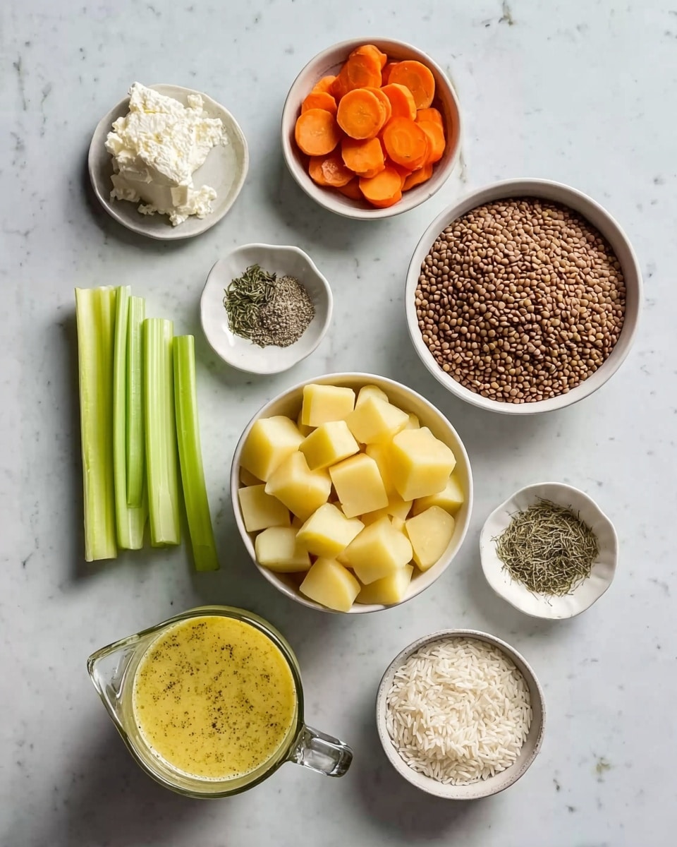 A white marbled surface holds several white bowls and ingredients neatly arranged. The largest bowl at the center bottom has chopped yellow potatoes with smooth edges. Above it to the right, a medium white bowl contains brown lentils with a matte dry texture. To the left, a smaller white bowl holds sliced round orange carrots. Near the top left, a small white bowl contains fresh white cream cheese with a soft texture. Next to it, two small white bowls hold dried herbs and black pepper. Between these bowls and the lentils, there are whole garlic cloves, a whole onion, and three long green celery sticks aligned vertically. At the bottom right, a white bowl has small uncooked rice grains, and next to it, a clear glass pitcher shows a yellow creamy broth with herbs floating inside. The scene is evenly lit with soft natural light. photo taken with an iphone --ar 4:5 --v 7