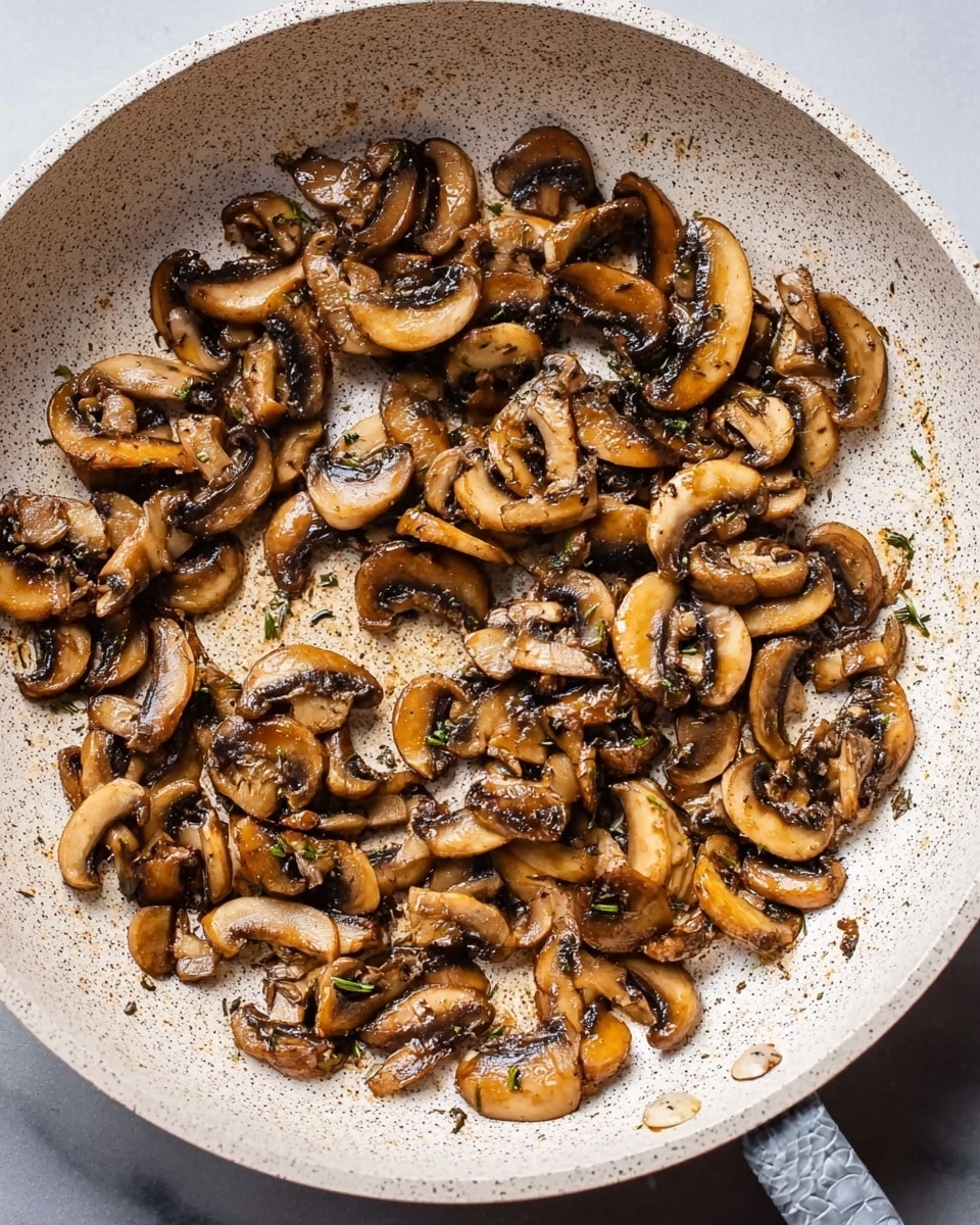 A close-up top view of a white speckled frying pan filled with a single layer of cooked sliced mushrooms that are golden brown with some darker edges, showing a soft and slightly crispy texture, sitting on a white marbled surface. The mushrooms appear evenly spread out, glistening slightly with oil or butter, and small bits of herbs are visible among them. The pan handle is partly visible at the bottom right side of the image. photo taken with an iphone --ar 4:5 --v 7
