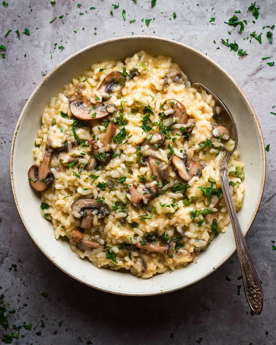A deep white bowl filled with creamy mushroom risotto, showing a mix of soft yellow rice and light brown mushroom slices evenly spread throughout. Fresh green parsley bits are sprinkled on top, adding small bright green patches to the dish. A spoon with a silver handle rests inside the bowl on the right side, slightly sunk into the risotto. The bowl sits on a white marbled surface with small green herb bits scattered around. photo taken with an iphone --ar 4:5 --v 7