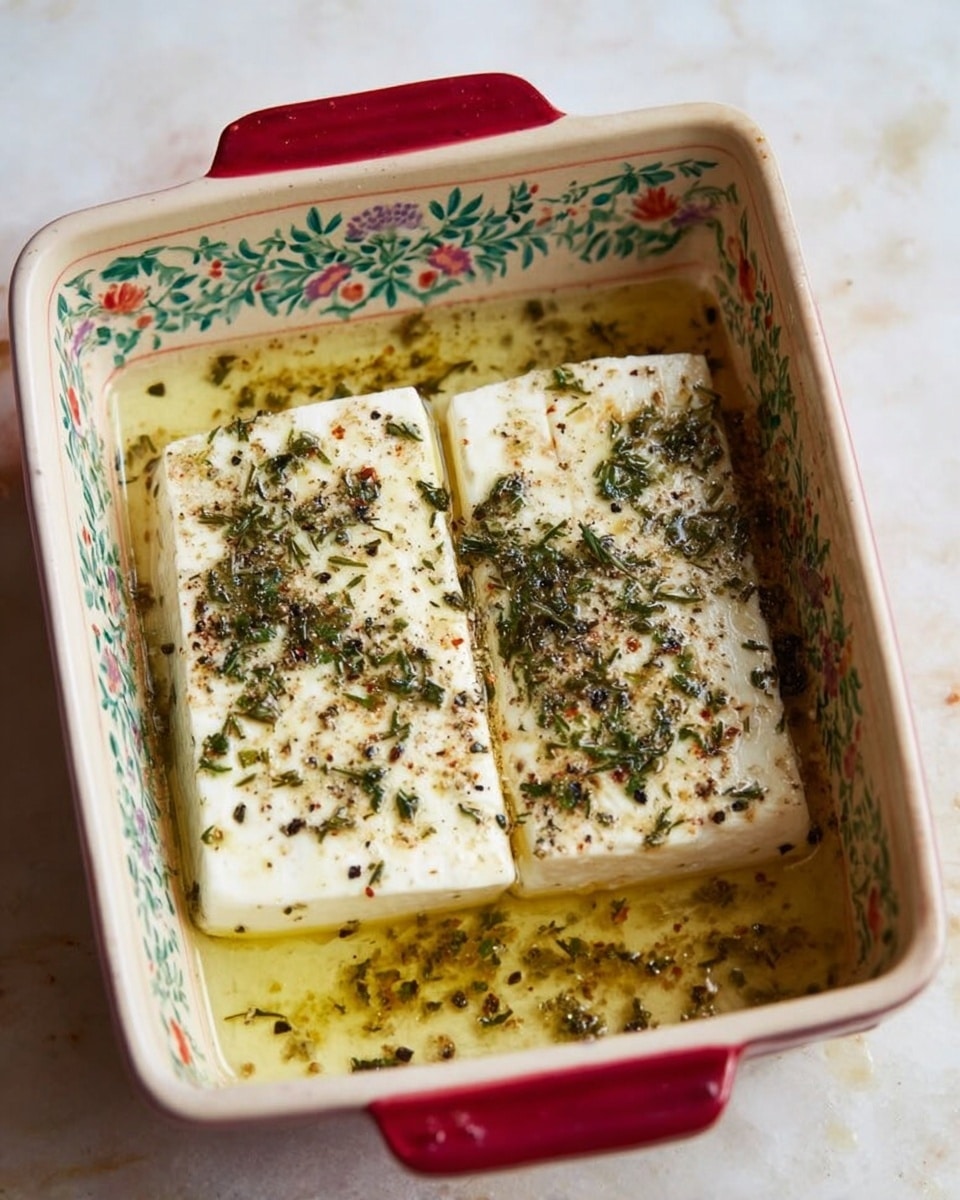 This image shows a rectangular white baking dish with floral patterns on the sides, filled with two large blocks of white cheese topped with green dried herbs and sprinkled with black pepper. The cheese blocks sit in a light golden oily liquid that fills the bottom of the dish. The baking dish has red handles on each side, placed on a white marbled surface. Photo taken with an iphone --ar 4:5 --v 7