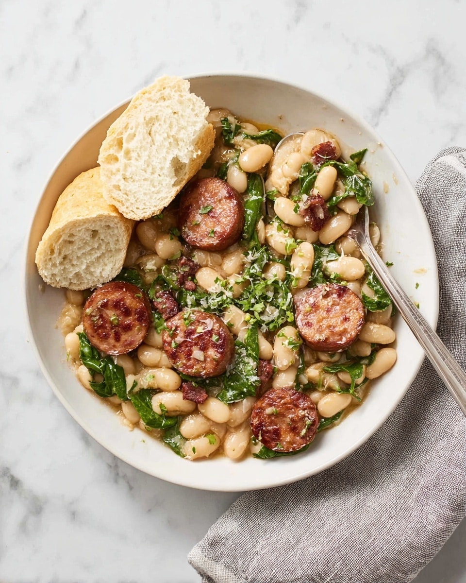In a white bowl on a white marbled surface, there is a dish with three main layers: at the base, soft white beans mixed with chopped green leafy spinach creating a textured, slightly creamy layer; on top, round slices of browned sausage scattered evenly, adding a rich reddish-brown color; and finally, two halves of a soft bread roll placed on the upper left side, showing a fluffy inside with a golden crust. A silver fork on the right edge holds a small mix of beans, spinach, and sausage, and a gray cloth napkin is next to the bowl. Photo taken with an iphone --ar 4:5 --v 7