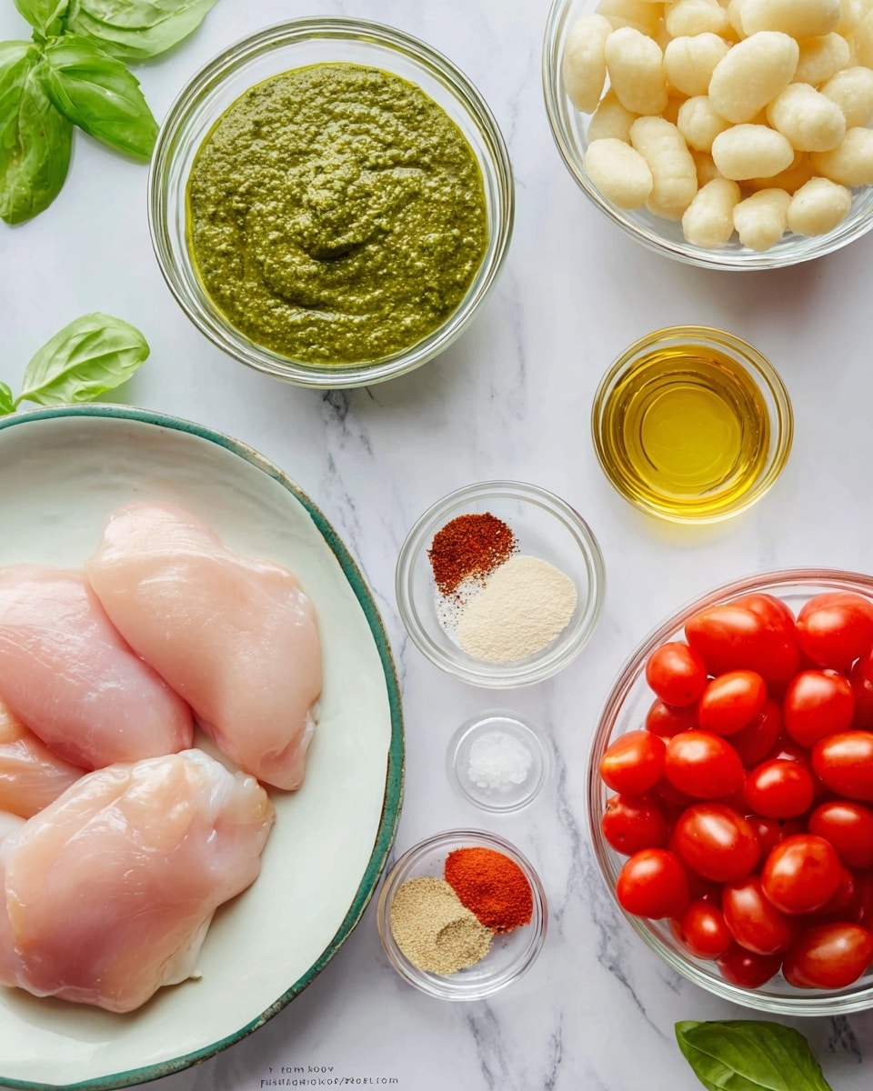 A top view shows several clear glass bowls arranged on a white marbled surface. One bowl holds a smooth, thick green pesto sauce with a textured surface, positioned near the top center. To the left, another bowl contains small pale cream gnocchi with a soft matte texture. Below this, a white plate with a thin green rim has three raw, pale pink chicken pieces laid flat and slightly overlapping. At the bottom right, a clear bowl brimful of bright red grape tomatoes displays a shiny, smooth texture. Near the center, a small clear bowl contains five different powdered spices arranged side by side: white salt, beige granules, pale yellow powder, black pepper, and vibrant red paprika. Next to this bowl, a small glass with golden olive oil glistens on the white marbled background. A few fresh bright green basil leaves are scattered around the bowls, adding a fresh contrast. photo taken with an iphone --ar 4:5 --v 7