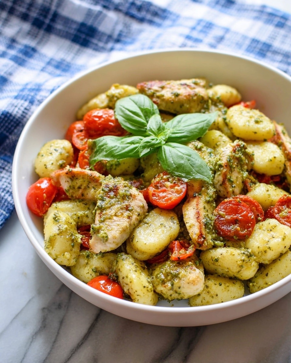 A white bowl filled with multiple layers of gnocchi and grilled chicken pieces mixed with bright red cherry tomato halves, all coated in a thick green pesto sauce with a slightly chunky texture. The gnocchi are pale yellow with a soft surface, while the grilled chicken pieces have a golden brown seared look with green pesto spread on top. In the center, a small bunch of glossy fresh green basil leaves sits as decoration, complementing the colors of the dish. The bowl is placed on a white marbled surface with a blue and white checkered cloth blurred in the background, photo taken with an iphone --ar 4:5 --v 7