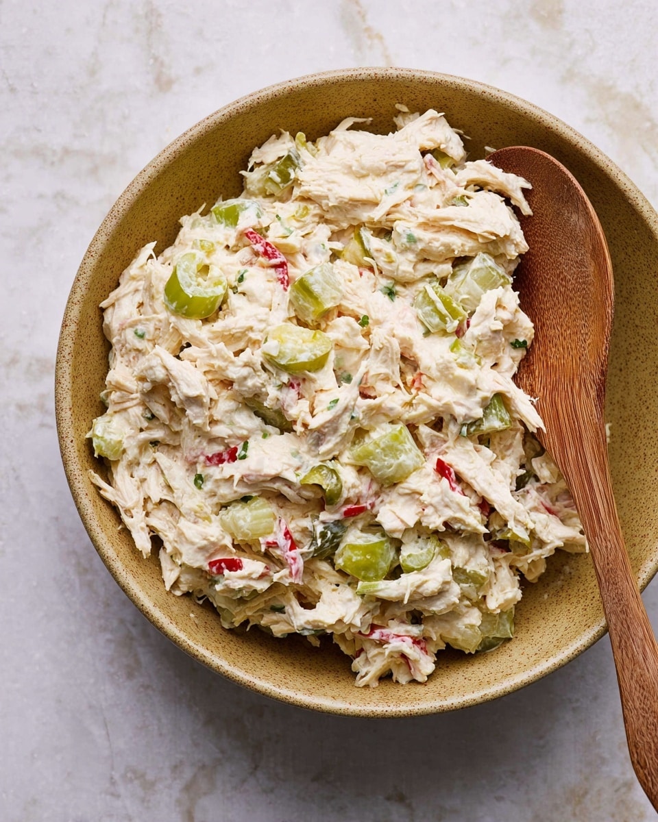 A light brown bowl holds a creamy chicken salad made of shredded white chicken mixed with thick white mayonnaise dressing, scattered thin slices of bright green pickles, pale green celery pieces, small chunks of white cheese, and thin strips of red peppers. A wooden spoon rests inside the bowl, partially covered by the salad. The bowl sits on a surface with a white marbled texture. photo taken with an iphone --ar 4:5 --v 7