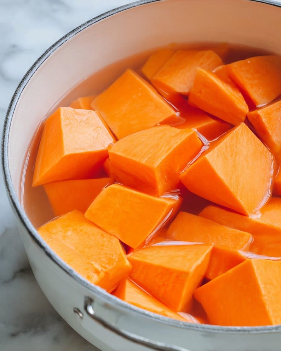 The image shows a white pot filled with large chunks of bright orange sweet potatoes submerged in clear water, the pieces have smooth edges and vary in size, showing their firm texture. The pot's surface has a shiny metal rim and a small metal handle is visible on the side. The background features a white marbled texture. photo taken with an iphone --ar 4:5 --v 7