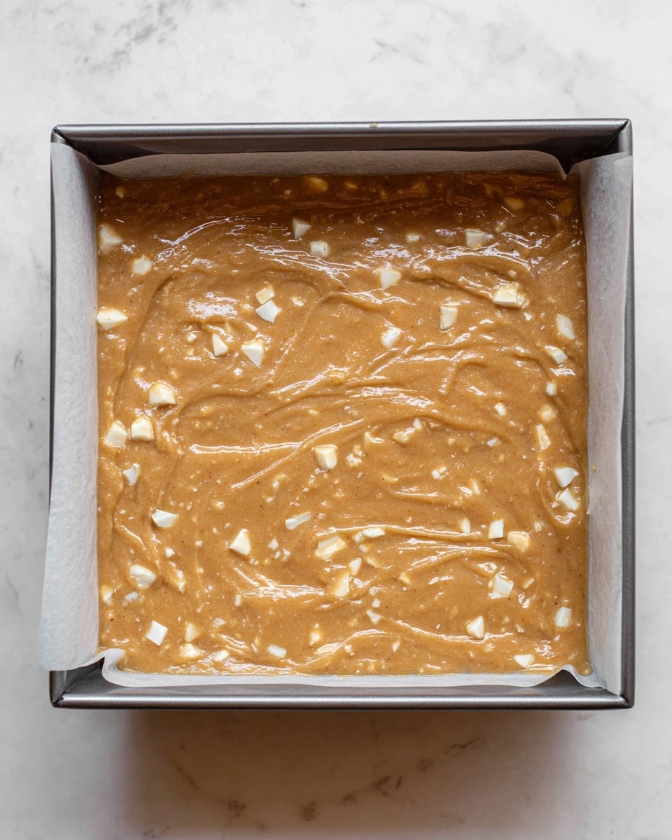 A close-up view of a single thick layer of batter spread unevenly inside a square silver baking pan lined with parchment paper, the batter is light brown with small white chunks mixed throughout, giving it a textured look, the pan is placed on a white marbled surface, photo taken with an iphone --ar 4:5 --v 7