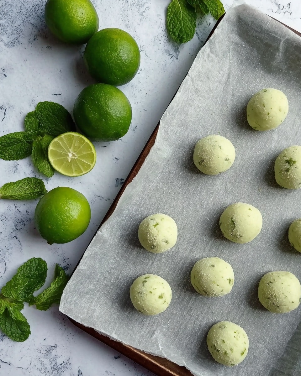 The image shows a baking tray lined with crinkled translucent parchment paper holding eight pale green dough balls spaced evenly apart. The dough balls have a slightly powdery look with small green specks inside. Outside the tray, fresh bright green whole and halved limes are scattered over a white marbled surface along with dark green fresh mint leaves. The contrast between the dough balls and the vibrant greens gives a fresh and natural feel. photo taken with an iphone --ar 4:5 --v 7