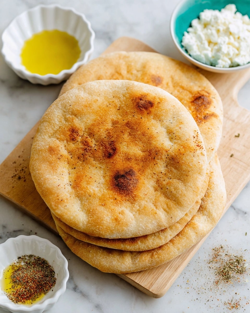 The image shows three round, golden brown pita breads stacked on top of each other on a light wooden cutting board over a white marbled surface. The pita breads have a slightly uneven surface with some darker spots and a soft texture. To the left side, there is a small white dish with a scalloped edge filled with yellow olive oil and a few mixed seasonings sprinkled on the board nearby. In the upper right corner, a white bowl with a teal inside holds white crumbled cheese. Photo taken with an iphone --ar 4:5 --v 7