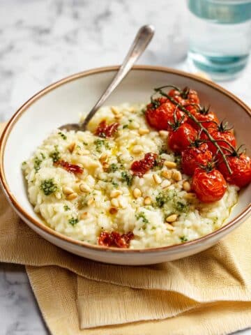Caprese Risotto with Roasted Cherry Tomatoes, Mozzarella, and Basil Pesto Recipe