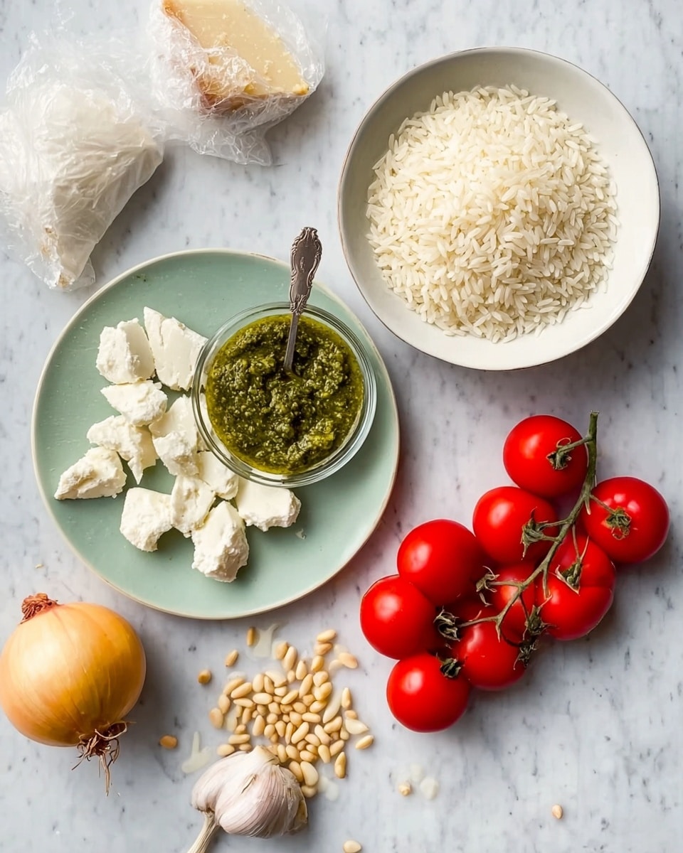 The image shows several ingredients arranged neatly on a white marbled surface. There is a white bowl filled with uncooked rice on the right side, a light green plate with broken pieces of white cheese on the left, and a small glass bowl with green pesto sauce at the top center with a spoon inside. To the right of the pesto, there are bright red cherry tomatoes still on the vine. Near the bottom, there are some pine nuts scattered in a small pile, a whole onion with yellow skin on the left, and a few cloves of garlic below the onion. There is also a small piece of wrapped cheese partially unwrapped near the top left corner. Photo taken with an iphone --ar 4:5 --v 7