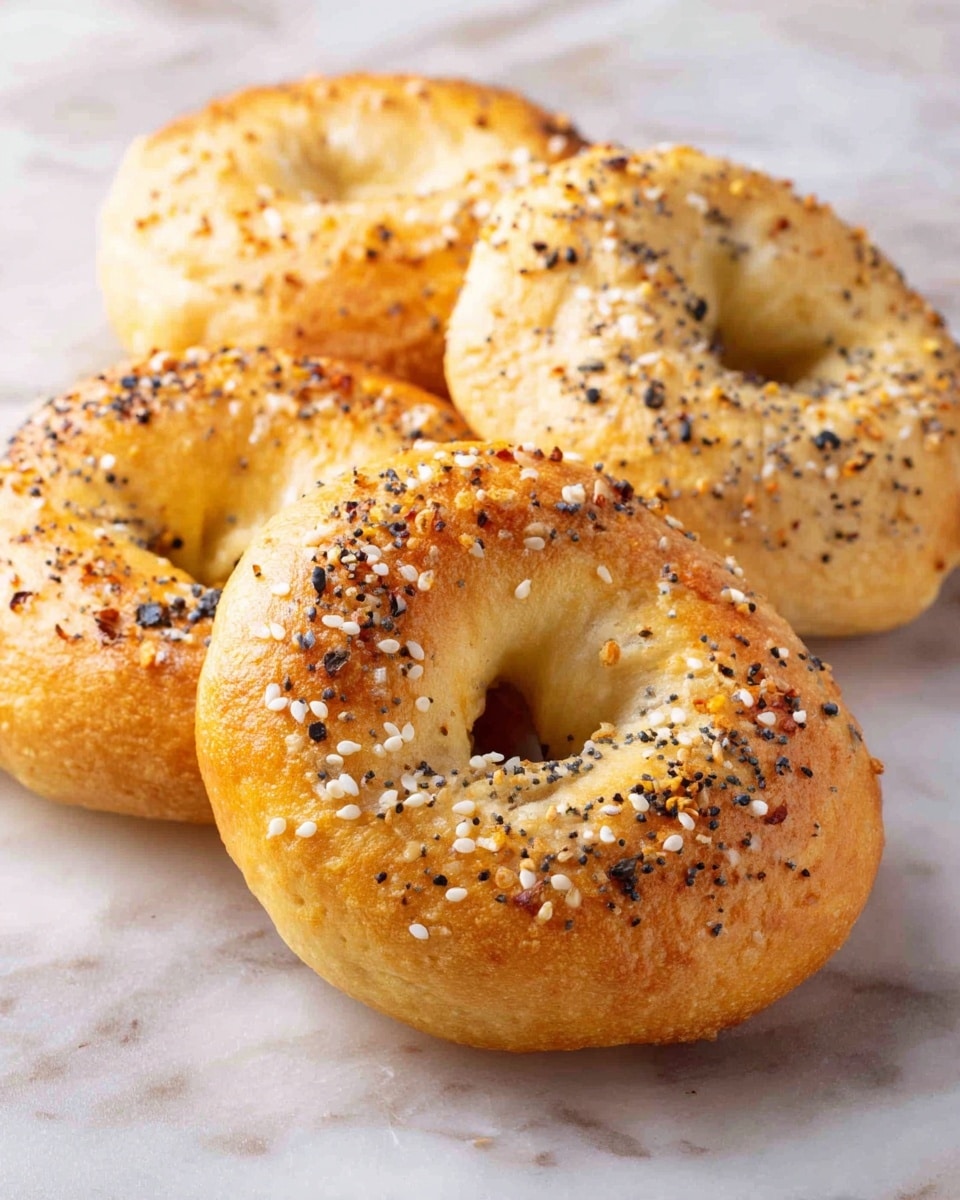 The image shows three bagels on a white marbled surface. Two bagels are in the front, golden brown and smooth with a shiny texture, topped with a mix of white sesame seeds, black seeds, and other small seasoning bits. The bagel in the back is slightly lighter in color with a more rough and floury texture. All three bagels are round with a hole in the center, closely placed side by side. The photo taken with an iphone --ar 4:5 --v 7