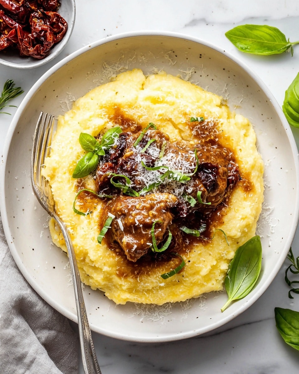 A white plate holds a bed of creamy yellow mashed potatoes with a soft, smooth texture and slightly uneven edges. On top, there are two pieces of browned meat covered in a rich brown sauce with visible herbs and small bits of sun-dried tomatoes. Fresh green basil leaves are scattered over the meat and mashed potatoes. A light sprinkle of white grated cheese adds texture on top. A silver fork rests on the left side of the plate, and the plate sits on a white marbled surface with a few fresh basil leaves and a small bowl of sun-dried tomatoes nearby. photo taken with an iphone --ar 4:5 --v 7