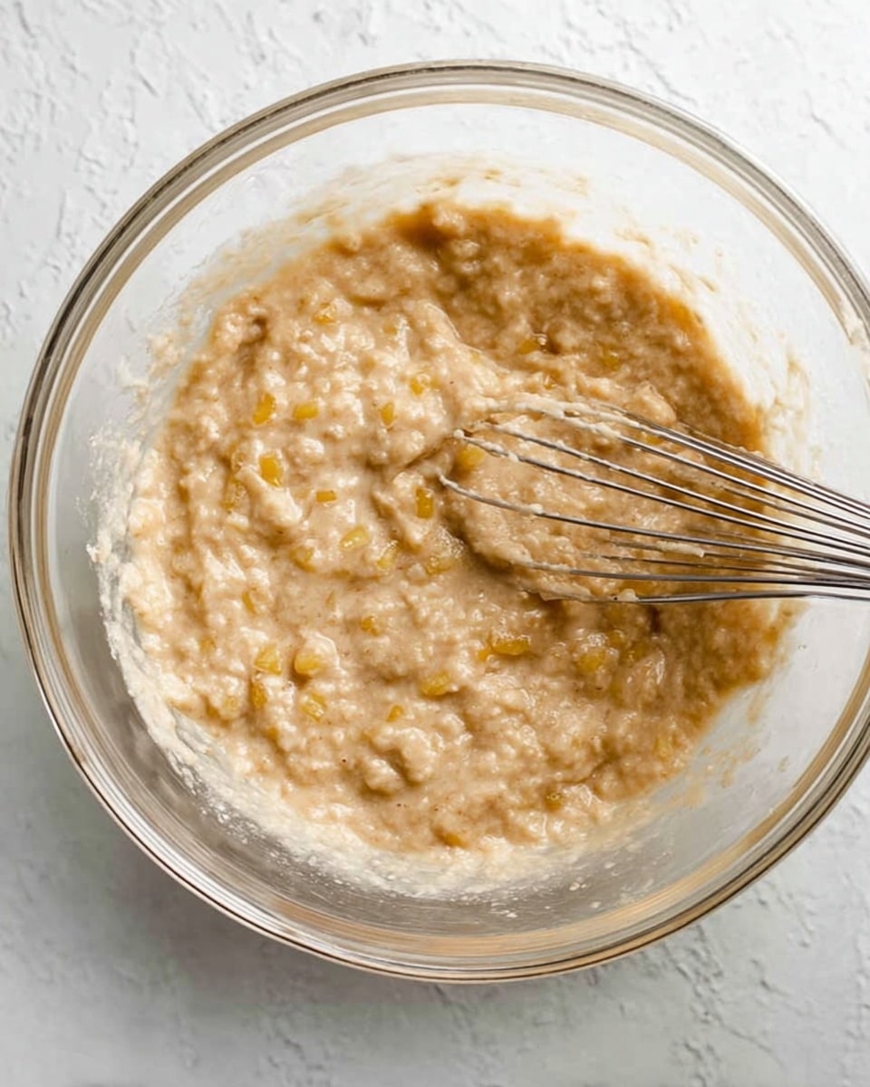 A clear glass bowl filled with a thick mixture that has a light tan color with small yellow chunks scattered throughout. The texture is soft and slightly uneven, showing bits of mashed or broken pieces in the blend. A metal whisk with thin wires is partially submerged in the bowl, resting on the right side. The bowl is placed on a surface with a white marbled texture. photo taken with an iphone --ar 4:5 --v 7