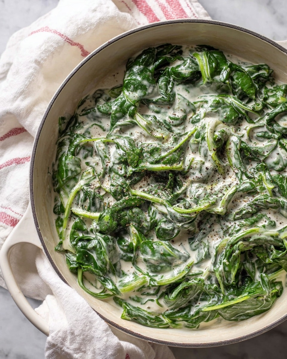A white pot filled with cooked fresh green spinach leaves layered with a creamy white sauce that coats the leaves fully, with a sprinkle of coarse black pepper on top for texture. The pot is sitting on a white marbled surface with a white cloth that has pink stripes next to it. The spinach leaves look tender and moist under the creamy sauce, showing some of their veins and stems. Photo taken with an iphone --ar 4:5 --v 7