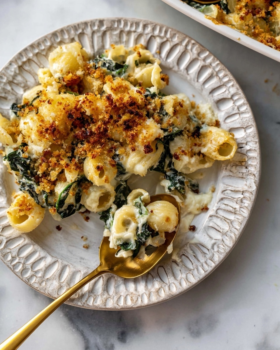 A serving of baked pasta sits on a white plate with a patterned edge, placed on a white marbled surface. The dish has three main layers: a bottom layer of creamy, melted white cheese, a middle layer of small, light yellow pasta shapes mixed with steamed bright green spinach leaves, and a top layer sprinkled with crunchy golden-brown breadcrumbs and black pepper. Two golden spoons rest on the plate, one slightly lifted with some pasta. Photo taken with an iphone --ar 4:5 --v 7