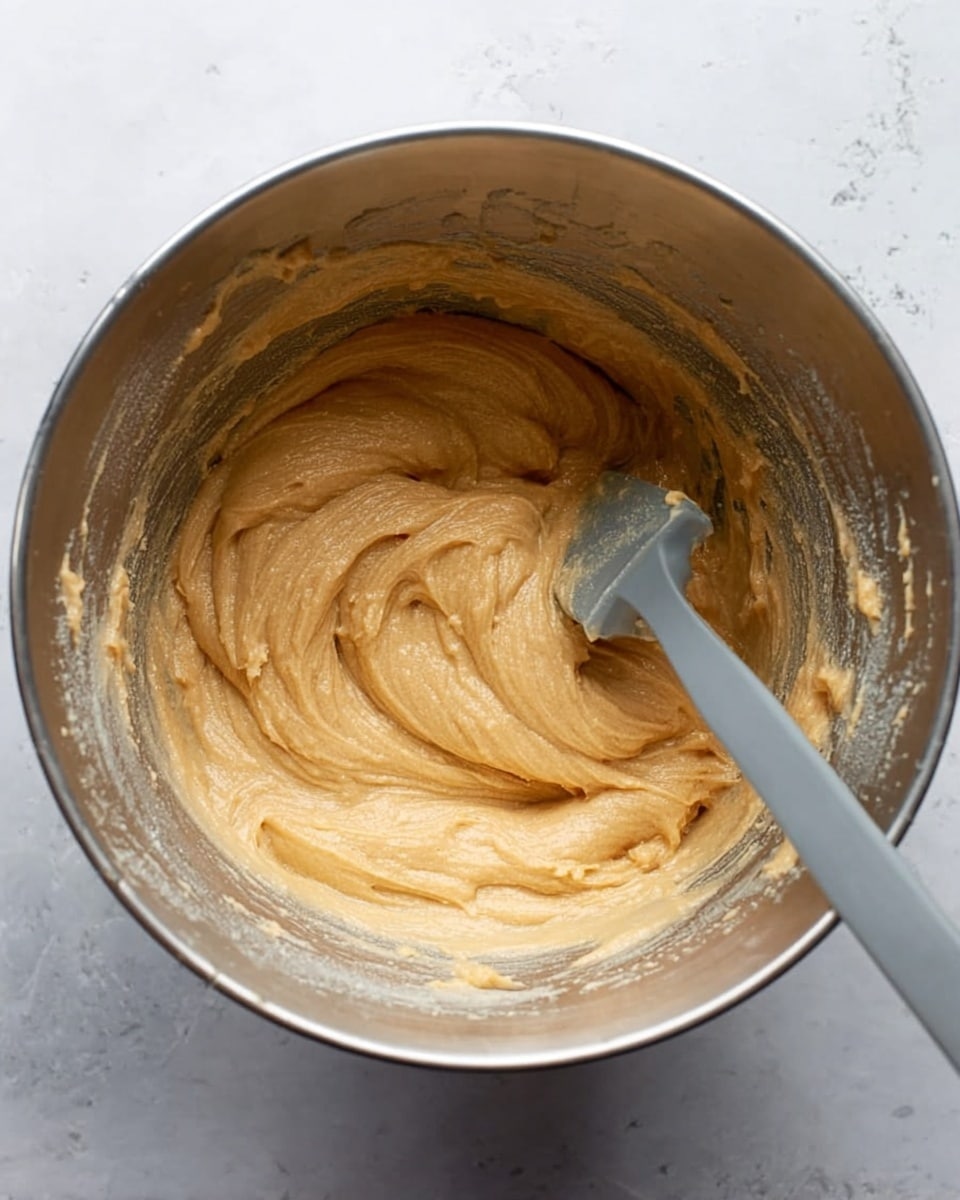 A metal mixing bowl filled with smooth, thick, light brown batter with a slightly creamy texture, swirled gently with a gray spatula resting inside the bowl. The inside walls of the bowl have bits of batter stuck to them, showing recent stirring. The bowl sits on a white marbled surface, providing a clean and bright background. photo taken with an iphone --ar 4:5 --v 7