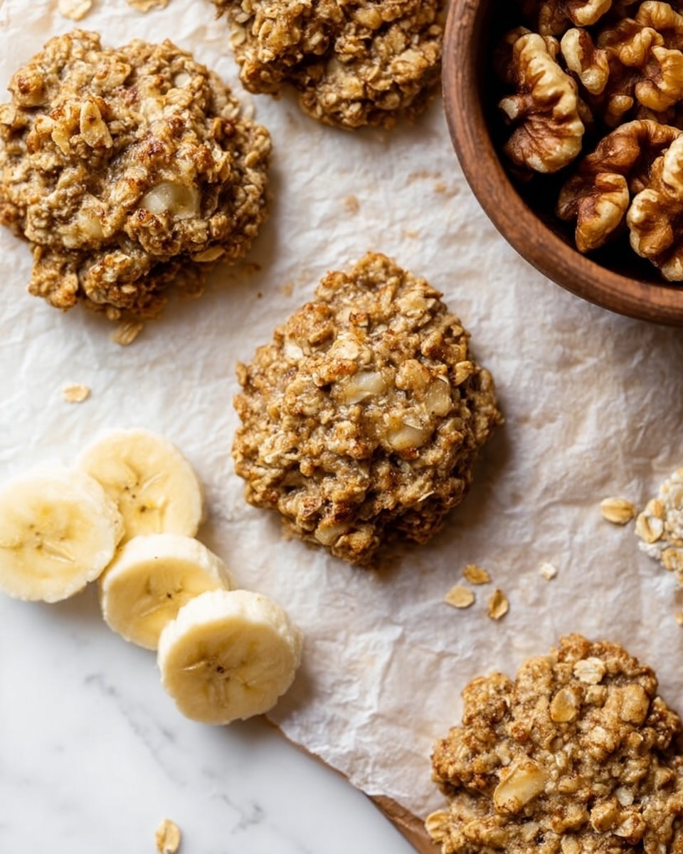 The image shows several oat cookies placed on white parchment paper over a white marbled surface. The cookies are round and textured, with visible oats and pieces of walnuts mixed in, giving them a rough and crumbly look. Near the bottom center, there are three slices of banana stacked slightly overlapping. To the right in the upper part of the image, a brown bowl filled with walnut halves is partially visible. The lighting is soft and natural, highlighting the different textures of the oats, nuts, and bananas. photo taken with an iphone --ar 4:5 --v 7