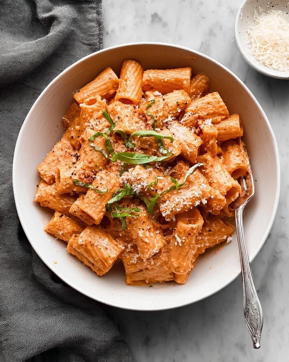 A bowl of rigatoni pasta covered with a creamy, pink-orange sauce, topped with thin green basil strips and some white grated cheese sprinkled over the top. The rigatoni pieces are short, tubular, and hollow, fully coated in the sauce, with a few piled higher in the middle. To the right side of the bowl, a silver fork rests inside, partly digging into the pasta. The bowl is white, placed on a white marbled surface with a gray cloth underneath on the left side. A small, white bowl with some grated cheese is seen in the background on the right side. Photo taken with an iphone --ar 4:5 --v 7