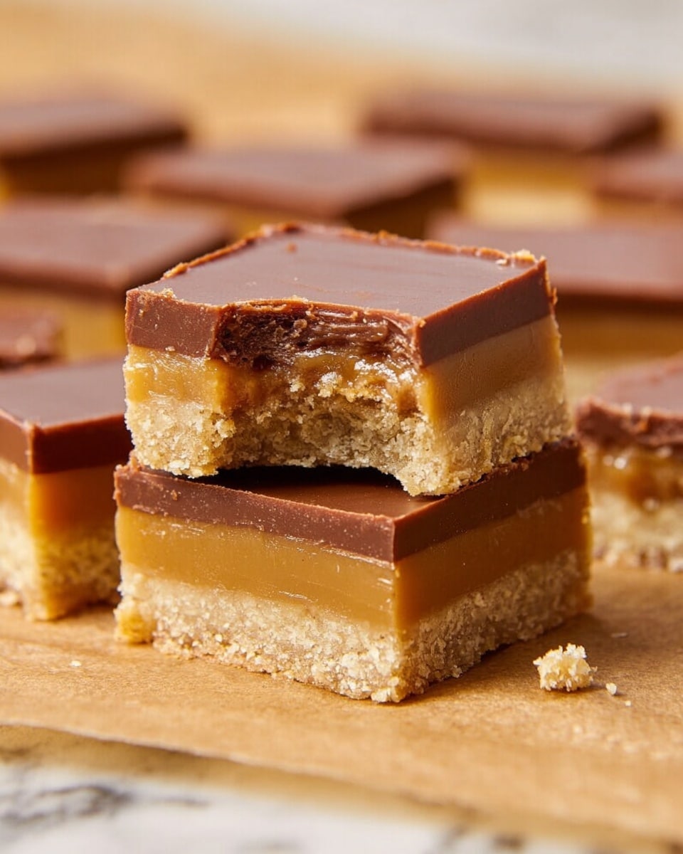 A close-up image of several square dessert bars stacked and spread on a brown parchment paper placed on a white marbled surface. Each bar has three visible layers: the bottom layer is crumbly and light beige with a rough texture, the middle layer is thick, smooth, and golden brown resembling caramel, and the top layer is a solid, shiny milk chocolate brown with a smooth finish. One bar on top has a bite taken out, revealing the clear division of layers, and a small crumb is near the stack. The lighting softly highlights the texture and gloss of the chocolate layer. photo taken with an iphone --ar 4:5 --v 7