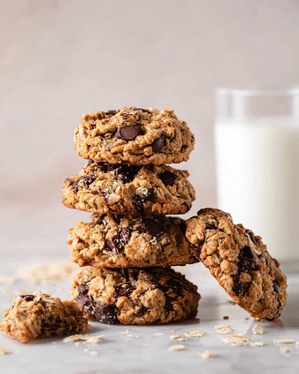 A close-up view of a stack of five chunky oatmeal chocolate chip cookies arranged in a pyramid shape on a white marbled surface, each cookie showing a rough texture with visible oats and dark chocolate chunks. Around the base, crumb and oat pieces are scattered loosely. In the background to the right, there is a tall glass filled with white milk, adding contrast and balance to the scene. The lighting is soft, highlighting the cookies' texture and warm brown color. photo taken with an iphone --ar 4:5 --v 7