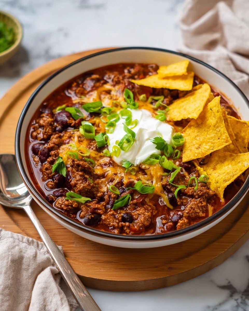The dish is served in a white bowl with a dark rim, placed on a wooden board over a white marbled surface. It has a layer of thick brown chili with ground meat and black beans as the base. On top, there is a sprinkling of melted cheese adding a creamy texture, followed by a dollop of white sour cream in the center. Bright green sliced scallions are scattered across the dish, along with yellow, wide, crispy tortilla strips arranged mostly on one side. The colors range from deep reds and browns in the chili to the bright white sour cream, fresh green scallions, and golden tortilla strips. Photo taken with an iphone --ar 4:5 --v 7