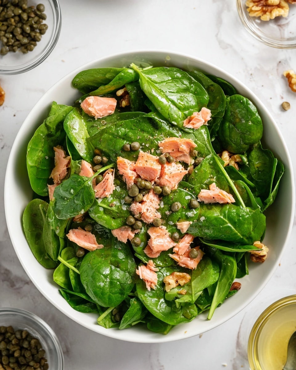 A white bowl filled with a fresh spinach salad showing large, bright green spinach leaves as the main layer, scattered with uneven pieces of light pink salmon and small, brown walnut chunks as the second layer, and sprinkled with tiny green capers and black pepper on top as the final layer. The bowl is placed on a white marbled surface with small glass bowls containing different ingredients partially visible around it. photo taken with an iphone --ar 4:5 --v 7