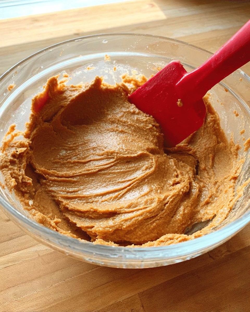 A close-up view of a clear glass bowl filled with thick, smooth, light brown dough or batter, with a red spatula partially dipped in it. The dough texture appears soft and creamy with visible trails made by the spatula. The bowl sits on a wooden surface with natural light highlighting the texture of the mixture. photo taken with an iphone --ar 4:5 --v 7