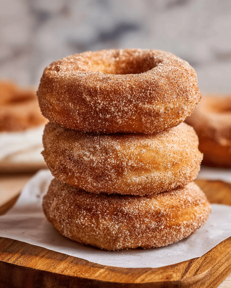 The image shows a stack of three round donuts covered in a light brown sugar and cinnamon coating, giving them a grainy texture. The donuts have a golden-brown color with a soft, slightly rough surface, and the top donut has a clear hole in the middle. The stack is placed on white parchment paper on a wooden board, with a blurred background that includes a white marbled texture surface. Photo taken with an iphone --ar 4:5 --v 7