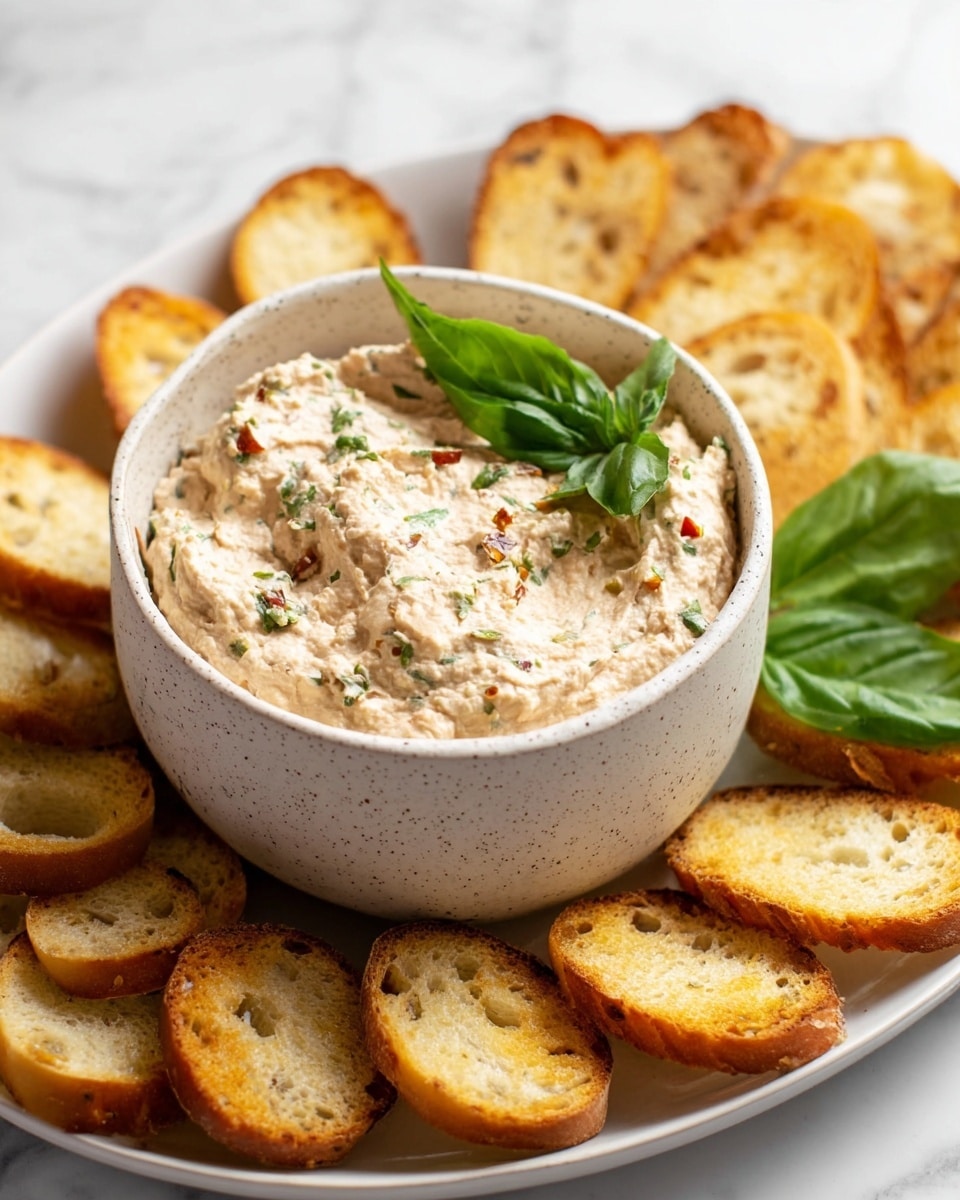 A white speckled bowl filled with a creamy, light beige spread mixed with small green herb bits and tiny red specks, topped with two small fresh green basil leaves on one side, placed on a white plate surrounded by many small oval-shaped toasted bread slices that are golden brown with a crispy texture. The plate sits on a white marbled surface. Photo taken with an iphone --ar 4:5 --v 7
