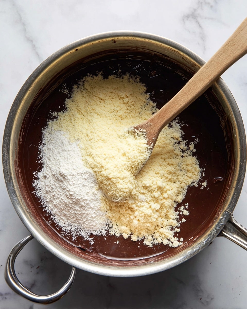 A silver pot sits on a white marbled surface filled about halfway with a thick, dark brown chocolate mixture. On top of the chocolate layer, there is a light yellow powder, spread unevenly, with a small amount of white powder near the bottom edge. A wooden spoon with a light wood tone is partially buried in the light powder on the right side, angled diagonally across the pot. The image is taken from above showing the pot handles extending out on the left side photo taken with an iphone --ar 4:5 --v 7