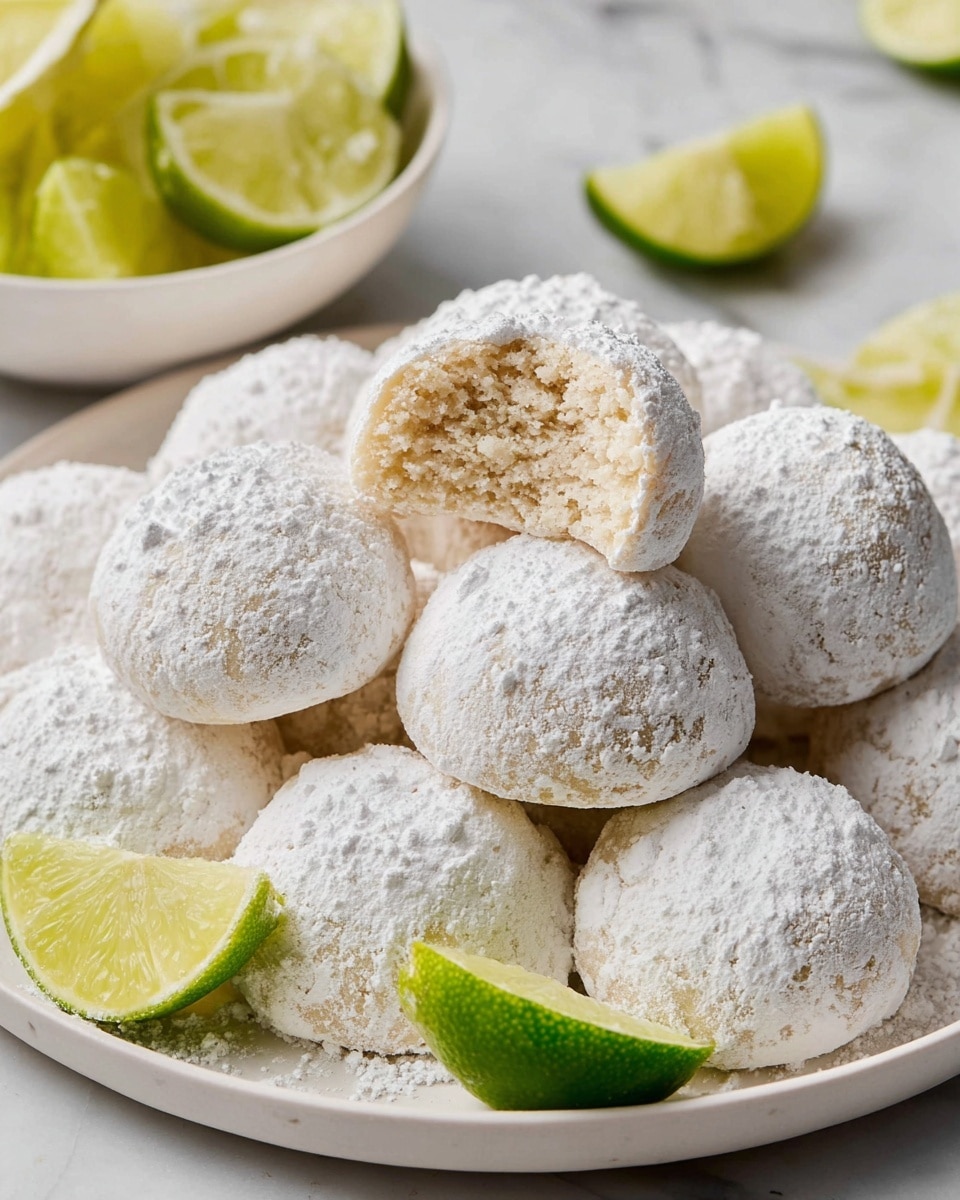 The image shows a white plate filled with round cookies covered in a thick layer of powdered sugar, making them look soft and powdery. One cookie is broken in half and placed on top of the others, revealing a light beige, crumbly texture inside. Around the cookies, there are wedges of fresh green lime adding a pop of color. In the background, there is a white bowl with more lime wedges on a surface with a white marbled texture. The overall look is bright and clean, with the white cookies and plate contrasting with the green lime pieces. photo taken with an iphone --ar 4:5 --v 7
