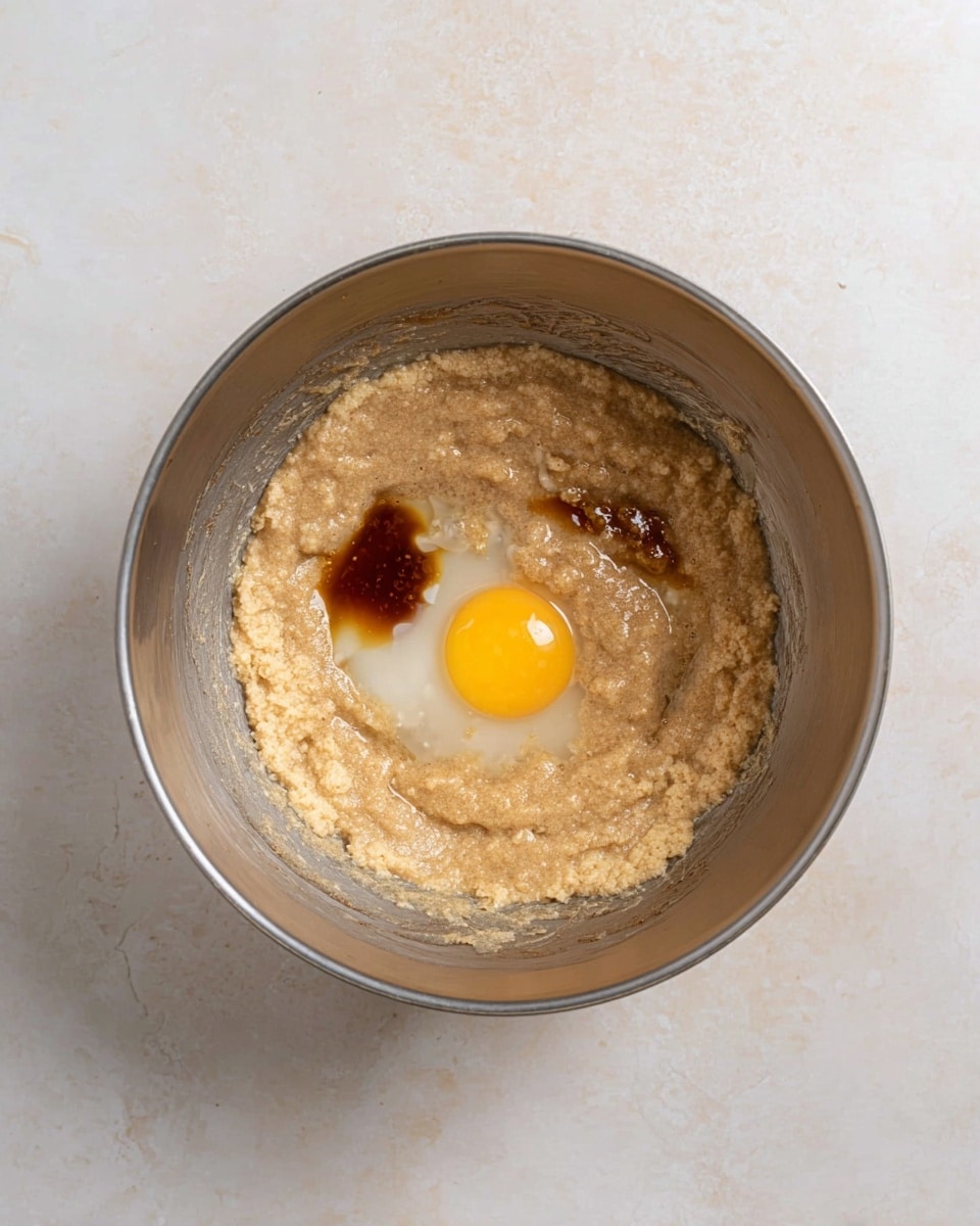 A silver mixing bowl sits on a white marbled surface, filled with a rough, light brown batter forming the bottom layer. In the center, there is a raw egg yolk with its clear white around it, sitting on top of the batter. Small drops of dark brown vanilla extract are mixed near the center, adding contrast to the colors. The texture of the batter looks slightly grainy and sticky, with some smudges along the sides of the bowl. photo taken with an iphone --ar 4:5 --v 7