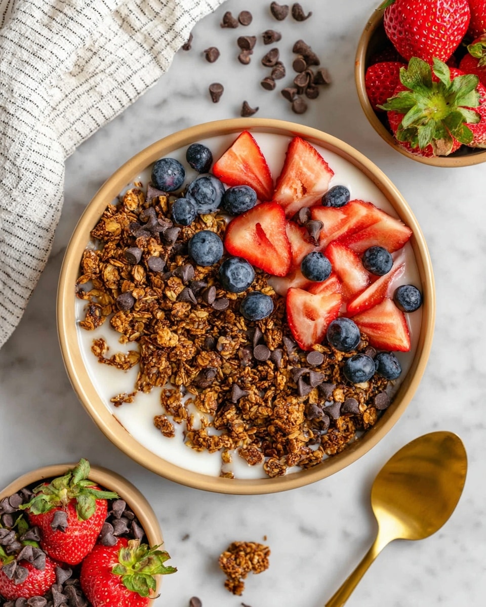 A bowl with three layers is shown: the bottom layer is white milk, the middle layer is chunky brown granola with small chocolate chips, and the top layer consists of bright red strawberry pieces and dark blue blueberries scattered on top. The bowl is a soft tan color set on a white marbled surface. Around the bowl, there is a white and light gray striped cloth on the left, a golden spoon at the bottom right, and two smaller tan bowls above filled with fresh strawberries and blueberries, and chocolate chips. Some granola pieces are scattered near the spoon photo taken with an iphone --ar 4:5 --v 7