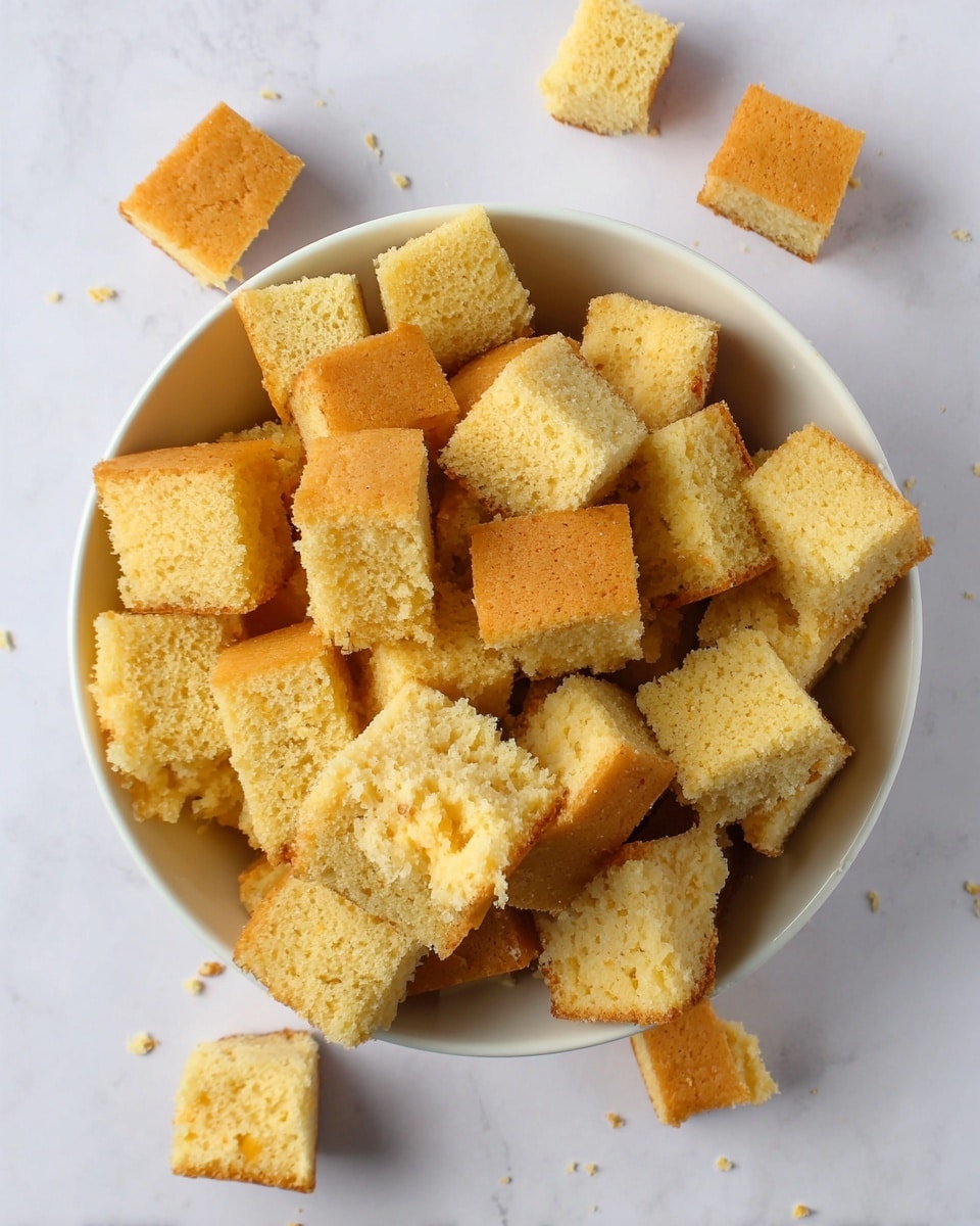 A white bowl filled with many small cubes of cornbread showing a golden brown top and light yellow inside, with a few cornbread cubes scattered around the bowl on a white marbled surface. The cornbread pieces have a soft and crumbly texture with slightly rough edges, and the bowl is viewed from above. photo taken with an iphone --ar 4:5 --v 7