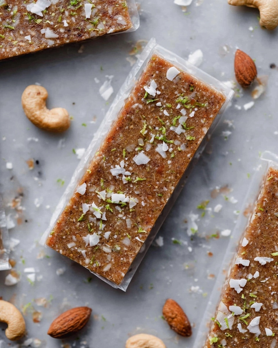 A rectangular snack bar lies on a piece of clear wax paper, showing a single layer of a brown, textured mix dotted with small white chunks and sprinkled with green zest and thin flakes of white coconut. Around it, there are scattered almond and cashew nuts and crumbs on a white marbled surface. Other similar bars partially wrapped in wax paper peek from the edges, adding depth to the image. The bar looks firm with a slightly rough surface and a mix of small pieces inside, giving it a natural, homemade look. photo taken with an iphone --ar 4:5 --v 7