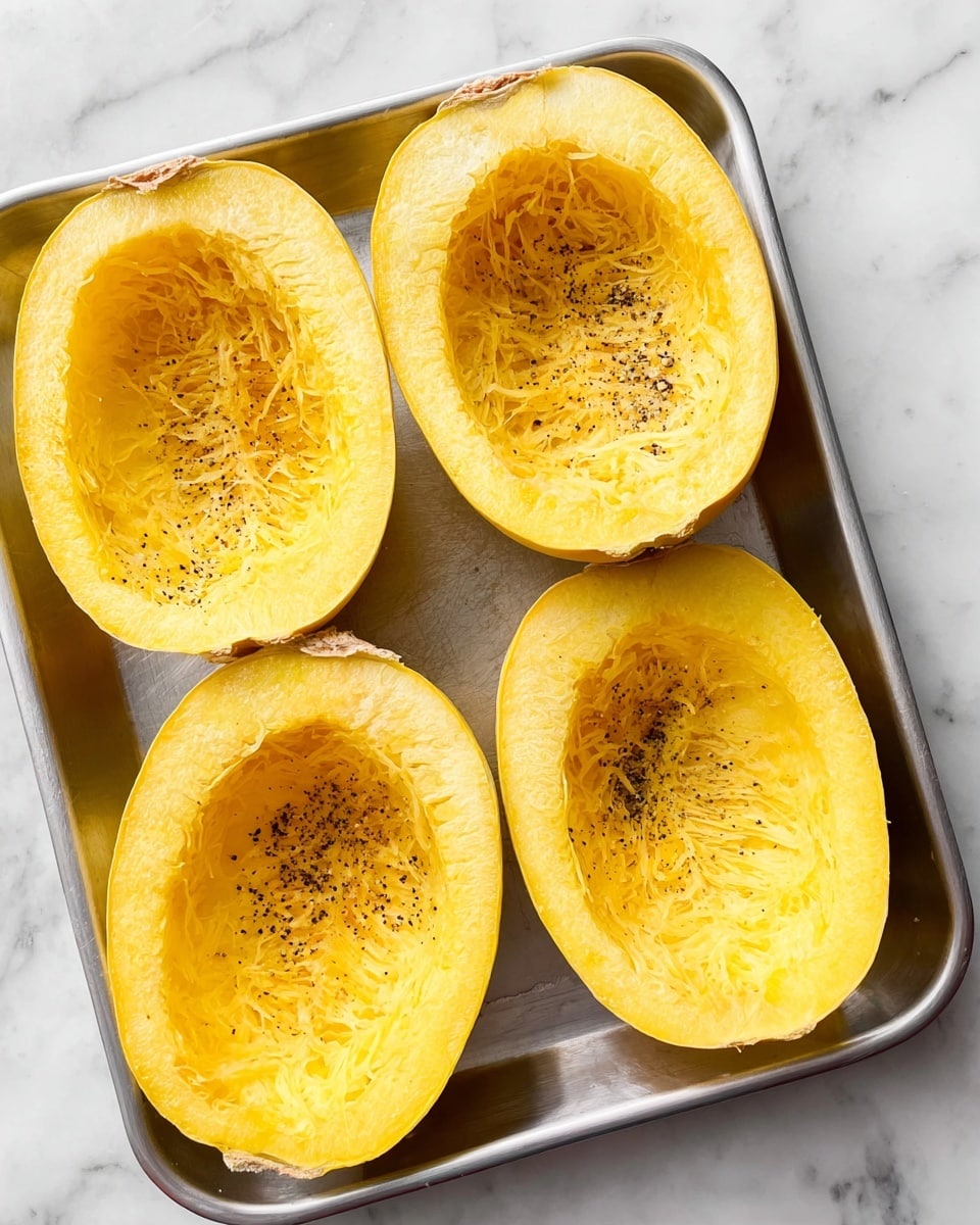 The image shows a silver tray on a white marbled surface, holding four halves of a spaghetti squash with the seeds removed. Each half is yellow with a slightly rough texture inside, and some have black pepper sprinkled on top. The halves are arranged two on the top row and two on the bottom row, all facing upward to show the hollow centers and fibrous strands. The overall look is bright and fresh, with light shadows adding depth. Photo taken with an iphone --ar 4:5 --v 7