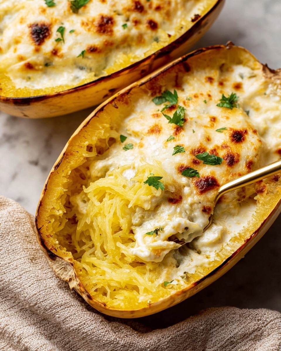 The image shows two halves of a roasted spaghetti squash filled with a creamy, cheesy mixture. The top layer is golden-brown melted cheese with small browned spots and a few green parsley leaves scattered on top. Below the cheese layer is a thick, stringy yellow spaghetti squash flesh mixed with soft white creamy pieces. The squash shell is deep yellow with a slightly charred edge, holding the filling in place. One half has a shiny golden spoon scooping out some of the creamy squash inside, placed on a white marbled surface with a textured beige cloth nearby. Photo taken with an iphone --ar 4:5 --v 7