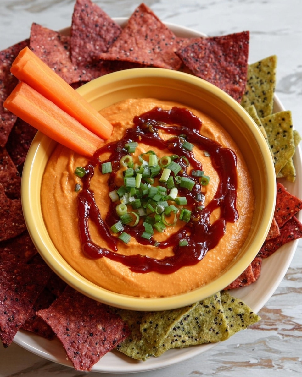A yellow bowl filled with smooth orange dip topped with a swirl of dark red sauce and a small pile of chopped green onions in the center. Two peeled baby carrots stand upright on the left edge of the bowl, leaning slightly inside. Around the bowl, a white plate holds a mix of red, green, and orange tortilla chips speckled with black seeds, with some chips partially resting against the bowl. The background is a white marbled surface. Photo taken with an iphone --ar 4:5 --v 7