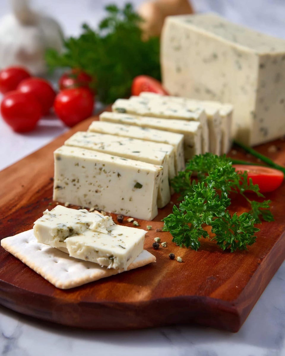 A wooden board holds sliced pieces of pale creamy cheese speckled with small green herbs, arranged in three neat rows leaning against a whole block of cheese in the background. In front, a smaller square piece of cheese sits on a white cracker with a bite taken out, revealing a smooth texture inside. Bright green parsley leaves and small red cherry tomatoes add vibrant color on the board, along with white garlic bulbs blurred in the background. The board’s rich brown wood grain contrasts with the fresh colors of the cheese and garnishes, all placed on a white marbled surface photo taken with an iphone --ar 4:5 --v 7