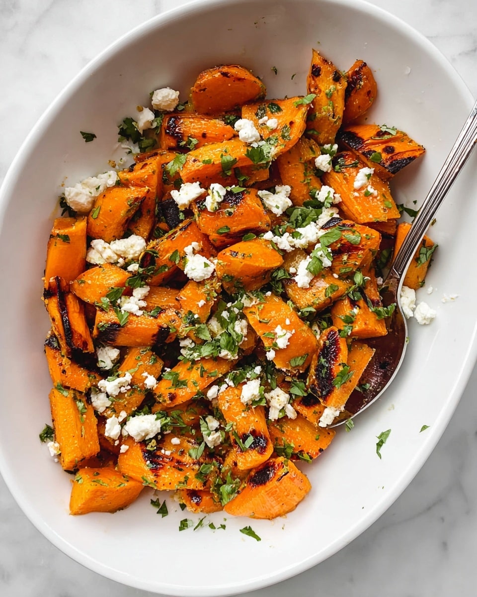 A white bowl holds roasted carrot pieces, each orange chunk showing charred brown grill marks. The carrots are scattered evenly, topped with small crumbles of white cheese and sprinkled with bright green chopped herbs. A silver spoon is partially visible on the right side inside the bowl. The bowl sits on a white marbled surface. photo taken with an iphone --ar 4:5 --v 7