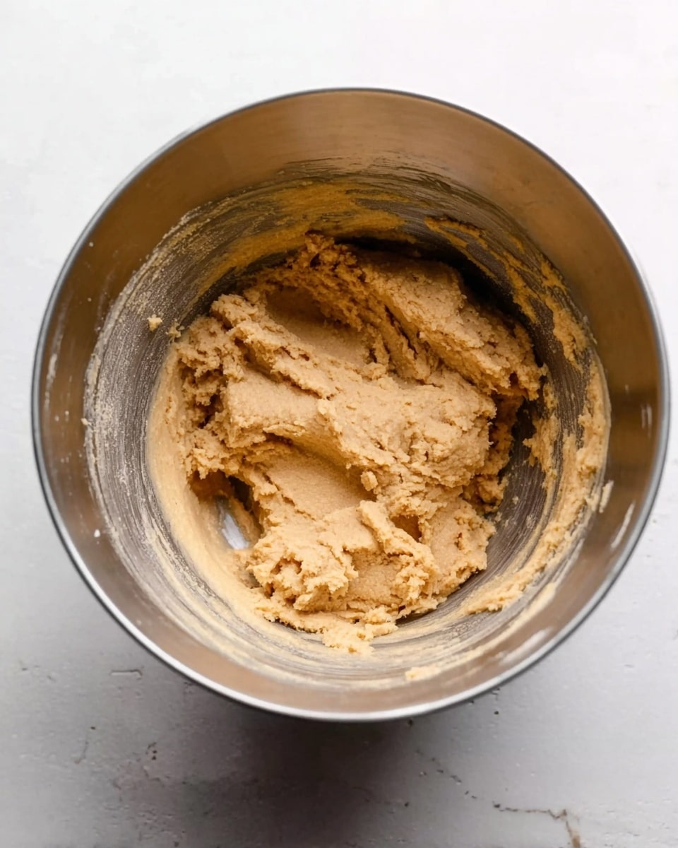 A metallic mixing bowl filled with thick, light brown dough sitting inside, with some dough stuck on the sides of the bowl. The inside of the bowl shows some smears of the dough, and the bowl is positioned on a white marbled surface. The texture of the dough looks soft with some small lumps, as if it is freshly mixed. Photo taken with an iphone --ar 4:5 --v 7